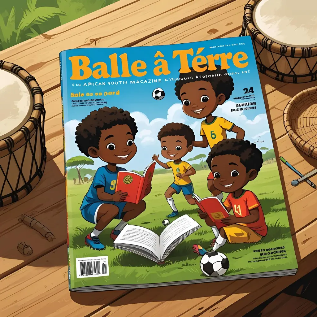 Crée une illustration réaliste du magazine jeunesse africain _Balle à terre_ posé sur une table en bois naturel. La couverture doit être colorée et joyeuse, montrant des enfants africains jouant au football et lisant. Ajoute des élé.webp