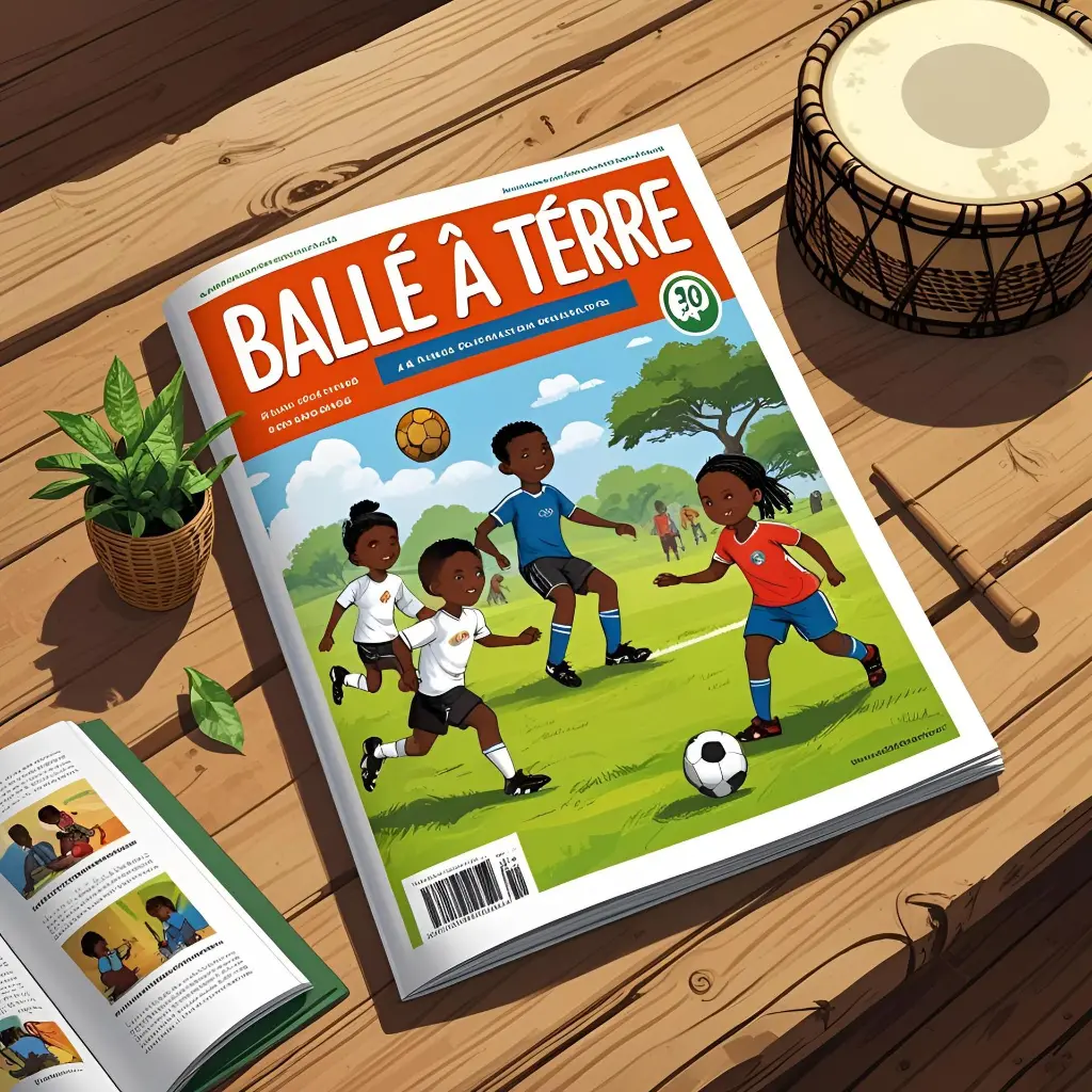 Crée une illustration réaliste du magazine jeunesse africain _Balle à terre_ posé sur une table en bois naturel. La couverture doit être colorée et joyeuse, montrant des enfants africains jouant au football et lisant. Ajoute des (2).webp
