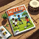Crée une illustration réaliste du magazine jeunesse africain _Balle à terre_ posé sur une table en bois naturel. La couverture doit être colorée et joyeuse, montrant des enfants africains jouant au football et lisant. Ajoute des (2).webp